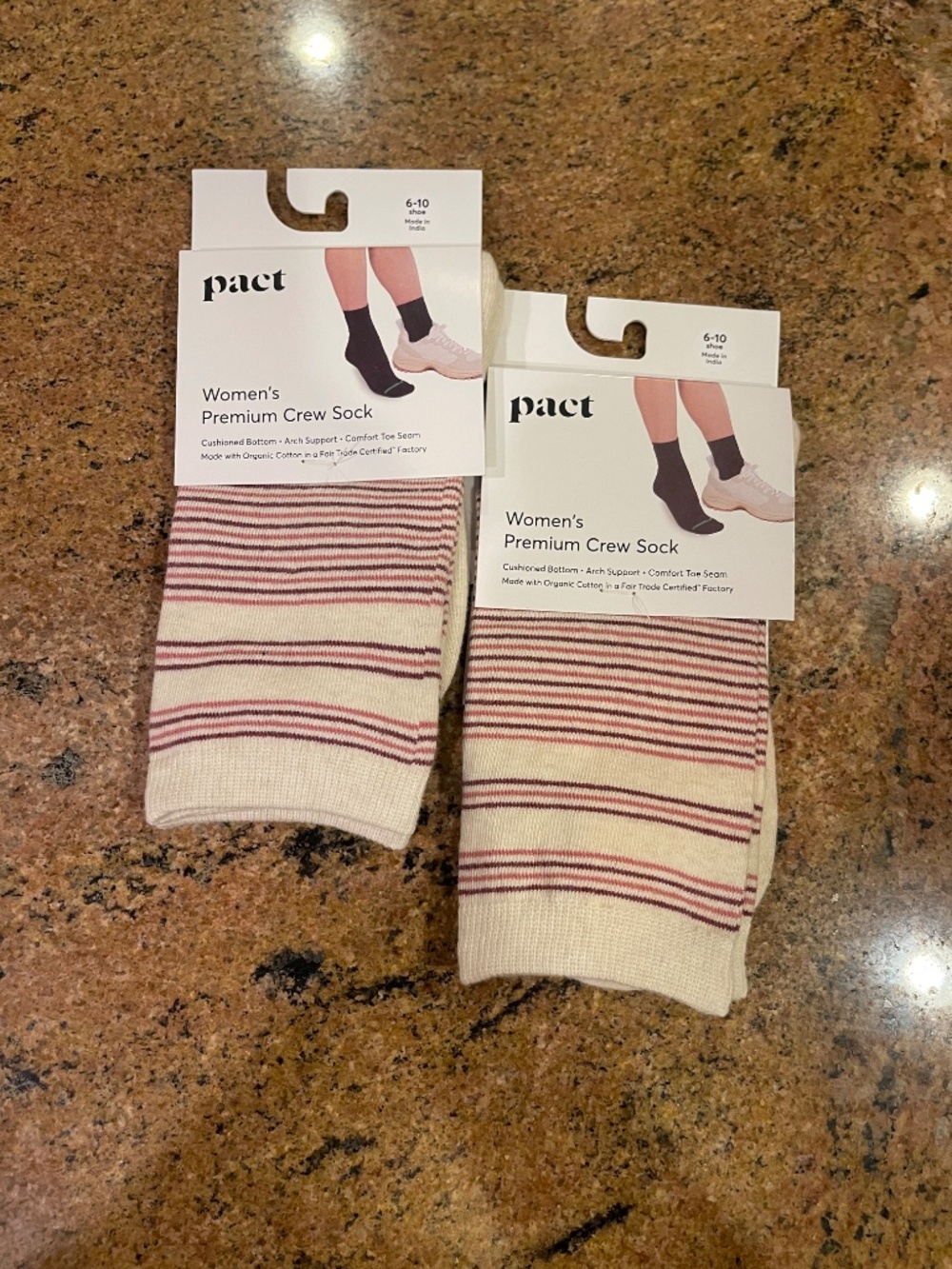 Pact Varsity Pin  Stripe  Premium Crew Socks Two Pair NWT!